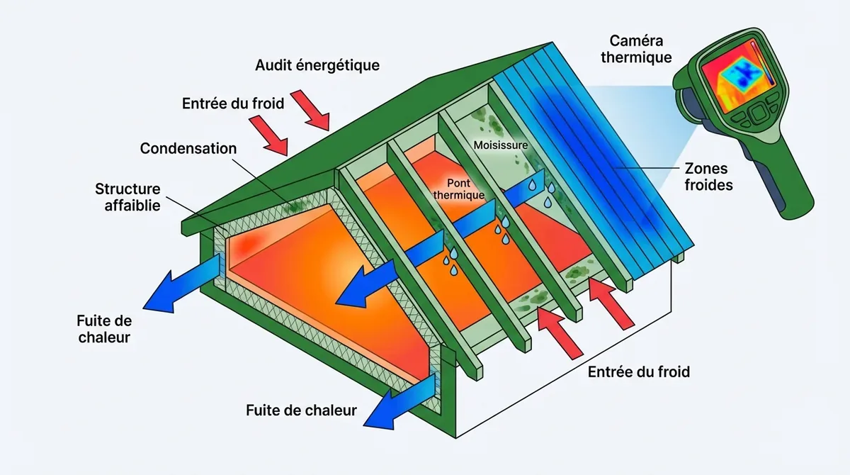 Analyse par caméra thermique des ponts thermiques sous une toiture