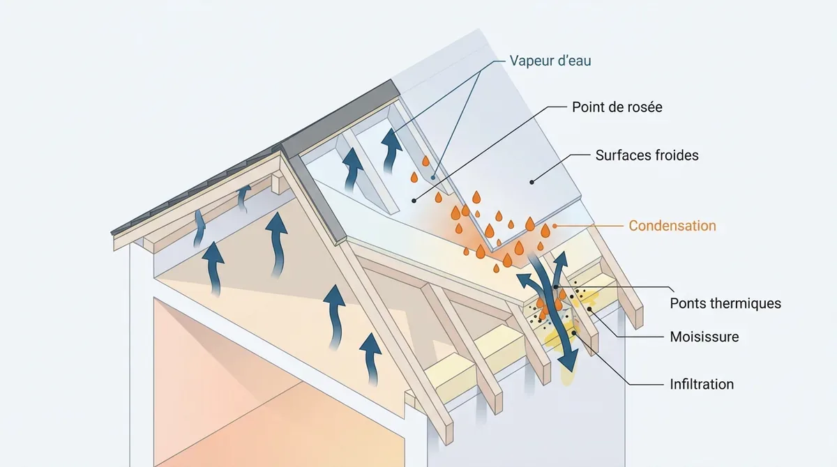 Schéma expliquant le phénomène de condensation sous une toiture isolée