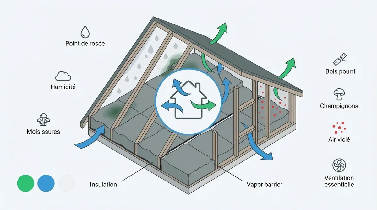 Schéma technique de la ventilation des combles et gestion de l'humidité après isolation
