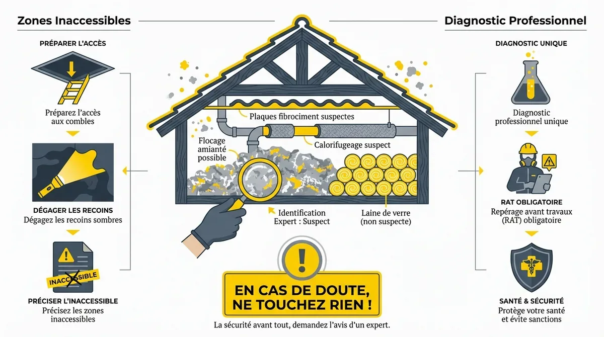 Expert réalisant un diagnostic amiante dans les combles avant isolation