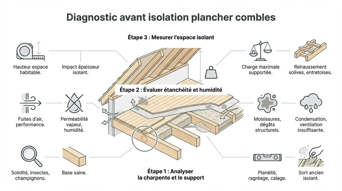 Expert examinant le plancher des combles avant isolation