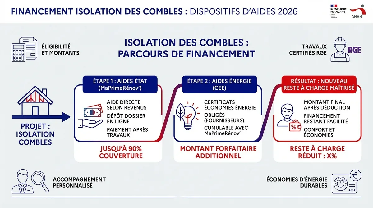 Schéma des aides financières 2026 pour l'isolation des combles incluant MaPrimeRénov et CEE