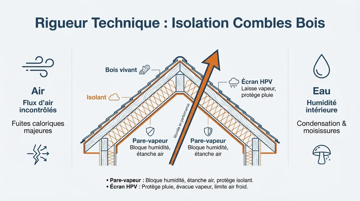 Technicien vérifiant l'étanchéité de l'isolation dans des combles en bois