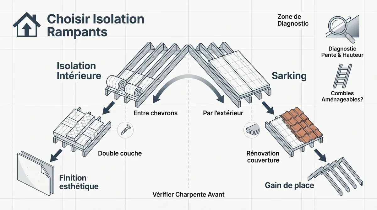 Comparaison technique entre isolation des rampants par l'intérieur et méthode sarking par l'extérieur