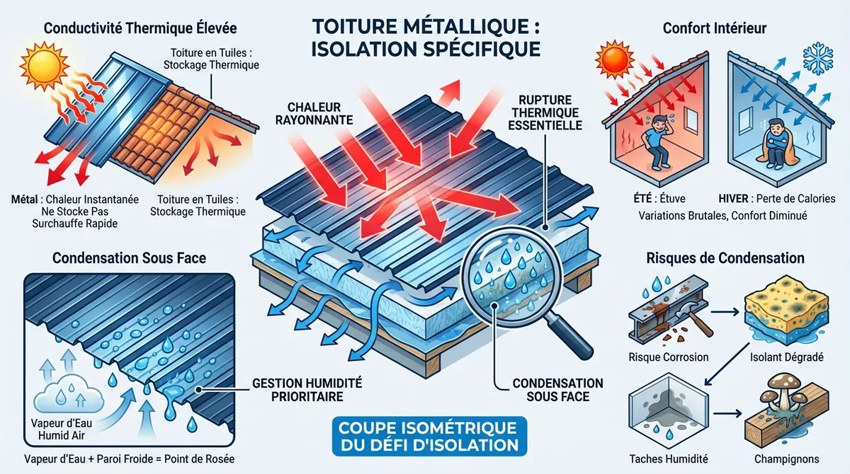 Schéma technique de l'isolation d'une toiture métallique en zinc et bac acier
