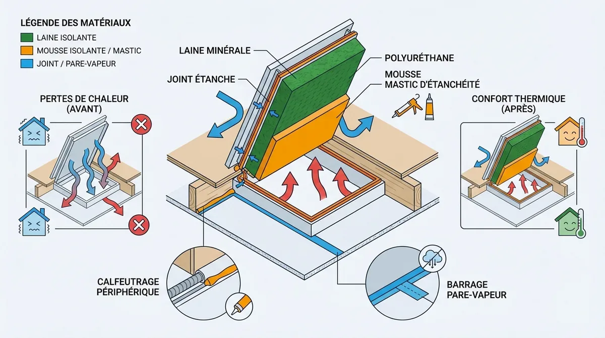 Comparaison thermique avant et après l'isolation d'une trappe de combles montrant la réduction des ponts thermiques