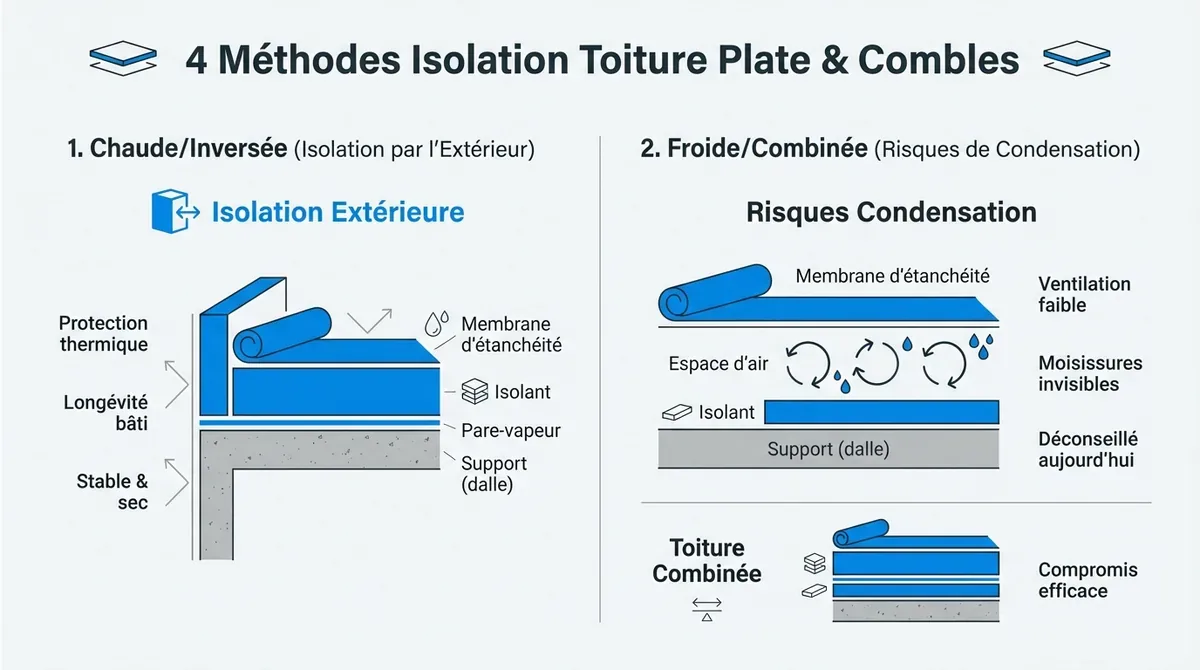 Schéma technique des méthodes d'isolation pour toiture plate et combles